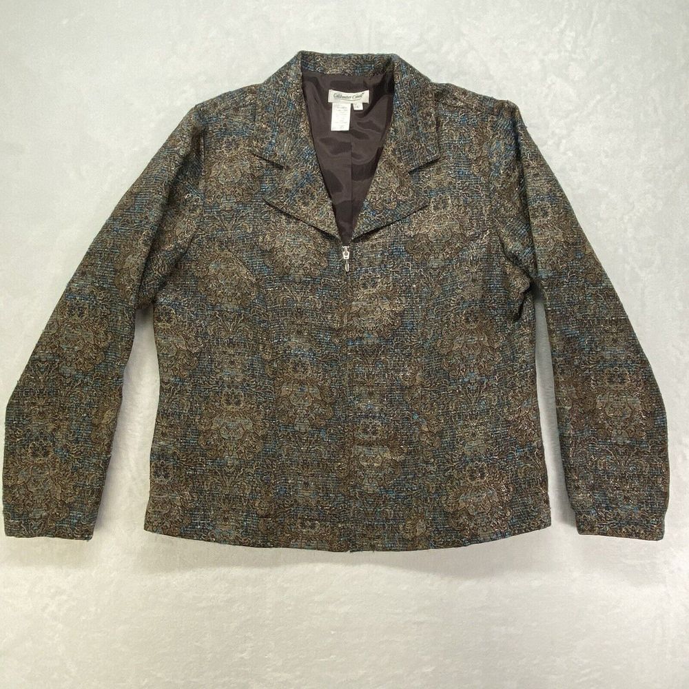 Coldwater Creek jacket womens L woven teal brown zip up batik art to wear granny